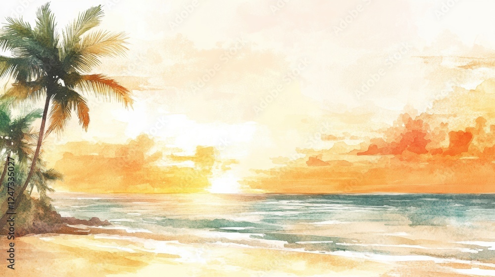 Aufkleber watercolor illustration capturing a serene sunset over a tropical beach with palm trees and gentle w