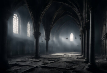 Obraz premium ancient generated empty art abandoned network dark digitally pattern chapel not interior neural windows gothic hall scene image actual foggy based any tall columns chapels window column ai