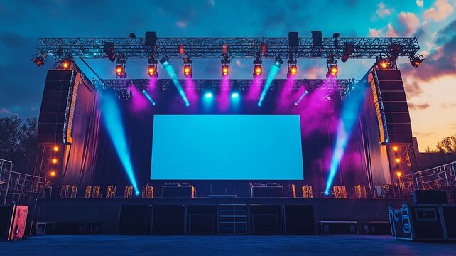 A professional outdoor concert stage setup featuring advanced rigging, dazzling beam lights for dynamic effects, a sophisticated sound system, and a blue blank screen mockup for projections.

