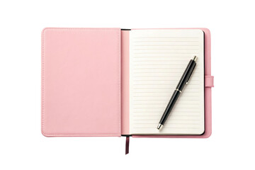 Open pink notebook with a pen ready for notes, cut out