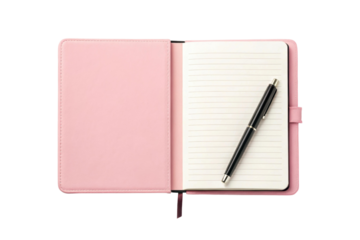 Open pink notebook with a pen ready for notes, cut out