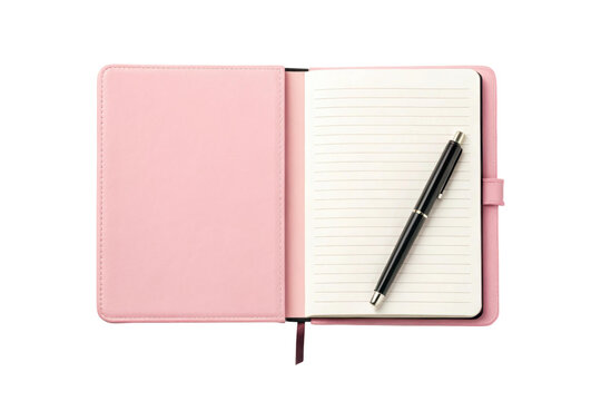 Open pink notebook with a pen ready for notes, cut out