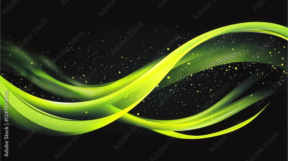 Poster abstract green flowing lines with glowing particle effects on black background