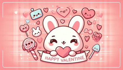 Cute Kawaii Happy Valentine's Day Background - Decorated Wallpaper, Greeting Card for Valentine - Heart, Anime, Chibi, Dog, Cloud, Cat, Bear, Gift, Pink Cuteness
