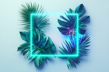 Blue and green neon lights illuminating tropical leaves in a square shape on a solid white background.