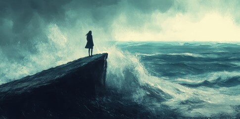 Solitary Figure on Clifftop Facing Tempestuous Ocean