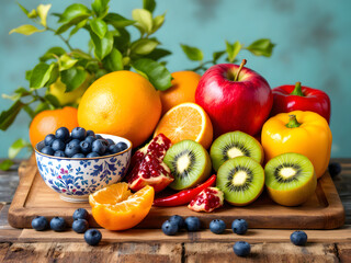 A vibrant display of fresh fruits like kiwi, apple, orange, and berries on a rustic wooden board.
