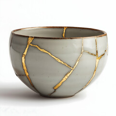 Kintsugi artistry showcases a beautiful bowl with golden cracks, symbolizing beauty in imperfection and traditional craftsmanship. Generative AI