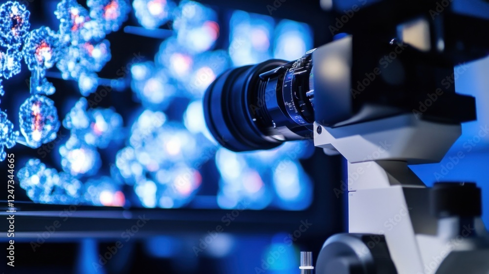 Poster high tech microscope focuses on molecular structures displayed on a screen, showcasing intricate det