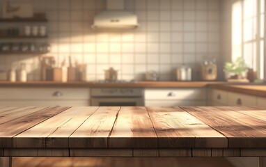 Empty wooden table top with a blurred kitchen interior background for product display montage, modern country-style kitchen room interior design, white cabinets and a wood countertop, blurred light 