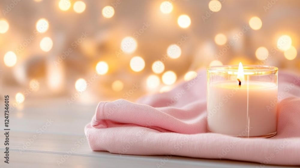 Poster lit candle on soft cloth with light bokeh in background