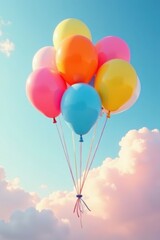 Brightly colored balloons float on a pastel sky, background, spring, celebratory