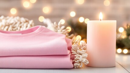 Folded pink shirts and lit candle with festive holiday lights in background