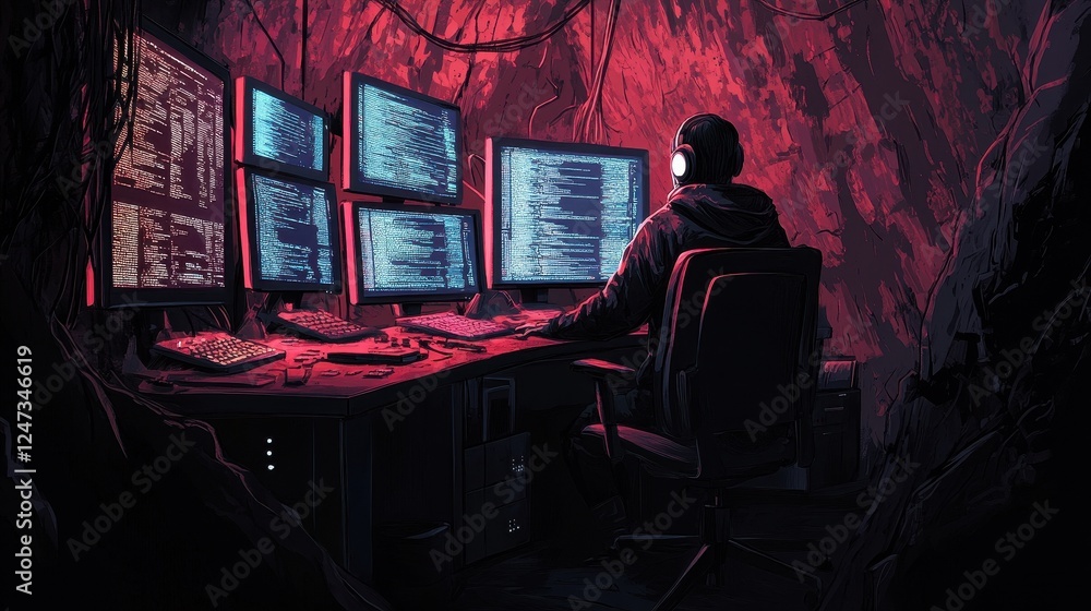 Poster person working on multiple computer screens in a cave