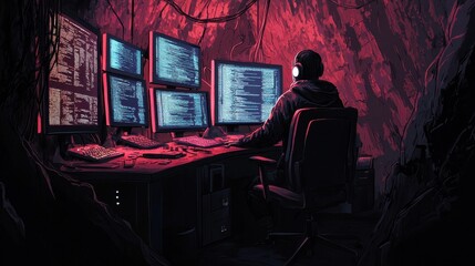 Person working on multiple computer screens in a cave