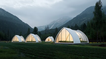 Modern geodesic domes in mountain valley farm