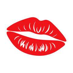 Red lips print isolated on white background. Lips logo. Lipstick print in cartoon style. Kiss. Vector illustration.