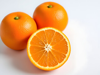 Image shows two whole oranges and a sliced orange, highlighting their vibrant color and juicy interior.