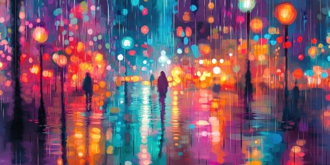 Obraz premium Impressionistic street scene depicts figures walking in a rainy night