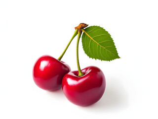 Two ripe cherries with stems and a leaf on a clean white background.