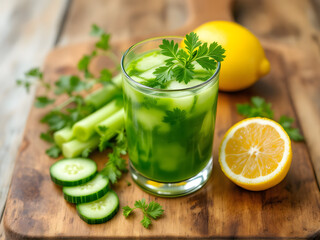 Fototapeta premium Image features a glass of green juice on a wooden board with fresh ingredients like celery and lemon.