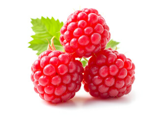 A close-up of vibrant red raspberries with green leaves, showcasing their juicy texture and freshness.