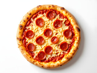 Pepperoni pizza with melted cheese, tomato sauce, and basil on a golden crust.