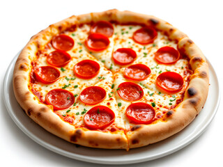 Pepperoni pizza with melted cheese, tomato sauce, and basil on a golden crust.