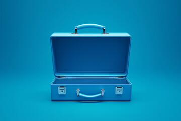 Opened 3D blue briefcase empty isolated on an blue background