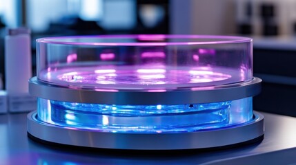 Round, illuminated scientific apparatus emits vibrant purple and blue lights, highlighting advanced technology in a laboratory setting. The sleek design emphasizes innovation and research