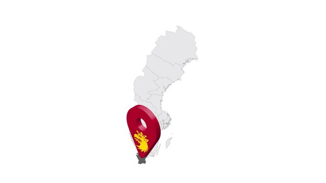 Location Skane County on map Sweden. 3d Skane County  flag map marker location pin. Map of Sweden showing different parts. Sweden. 4K.  Animated Video