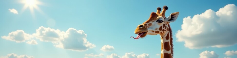 Obraz premium Goofy giraffe head, long neck, tongue out, fluffy clouds, sunny sky, goofy, bright, nature