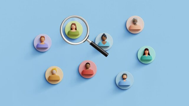 Human Resources concept. HR management, headhunting, job applicants, employee sourcing, applicant selection process. Magnifying glass searching for the ideal candidate. 4K 3D animation