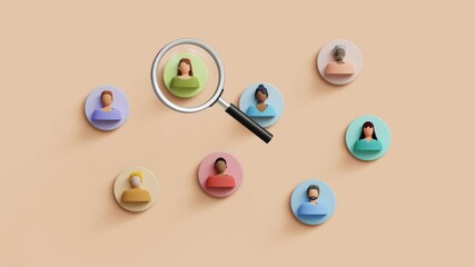 Human Resources concept. HR management, headhunting, job applicants, employee sourcing, applicant selection process. Magnifying glass searching for the ideal candidate. 4K 3D animation