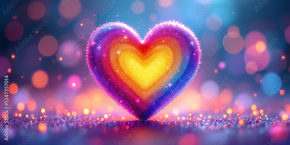 Poster a colorful heart filled with sparkles representing love and pride with a soft bokeh background. a ce