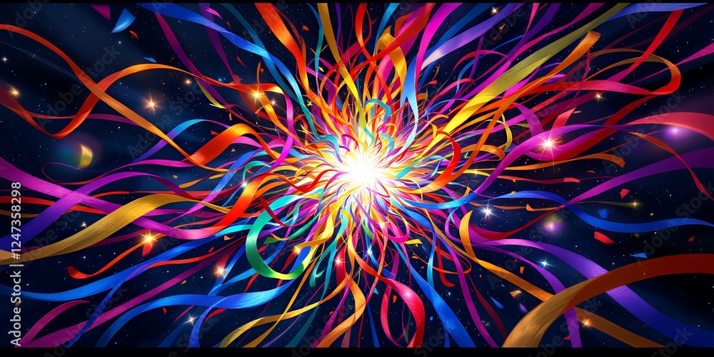 Poster a vibrant celebration of pride month featuring colorful ribbons exploding in an energetic display of