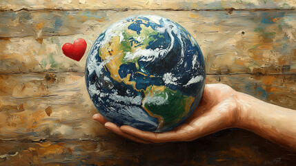 Hand Holding the Earth with a Heart - Symbol of Love and Global Unity