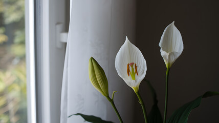 Peace lily blooming next to a window.