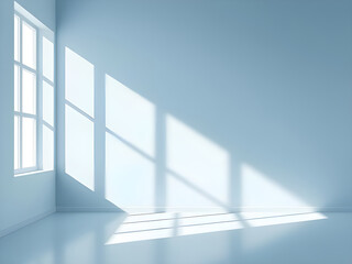 Obraz premium Minimalistic simple abstract light blue background for product presentation. Shadow and light from windows on wall.