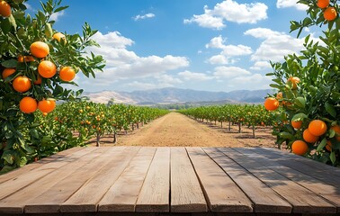 Empty wooden table top with a blurred background of an orange farm and orchard on a sunny day, for product display montage
