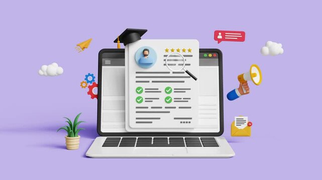 Online job application form. Finding ideal candidate, recruitment, job applicant, hiring process, head hunting, job opportunity concept. CV document on a laptop screen. 4K 3D animation