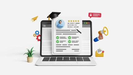 Human resources management concept. Recruitment, hiring process, ideal candidate, head hunt, talent acquisition, job vacancy. Magnifying glass analyzing at employee CV on laptop. 4K 3D animation