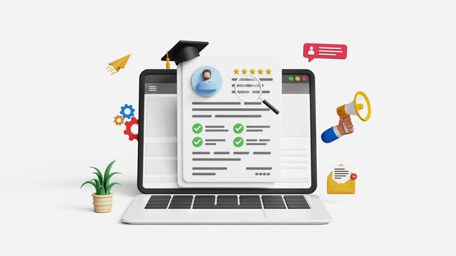 Human resources management concept. Recruitment, hiring process, ideal candidate, head hunt, talent acquisition, job vacancy. Magnifying glass analyzing at employee CV on laptop. 4K 3D animation