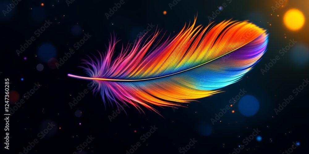 Poster bright multicolored feather with rainbow hues floating against a dark background with bokeh effect
