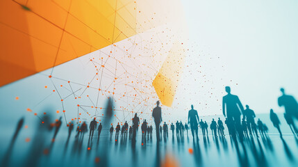Obraz premium Group of business people silhouettes in modern office building and business network concept. Human resources with pastel innovation charts and graphs with statistics to analyze business