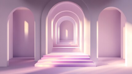 Pastel archway stairs, sunlight, interior design