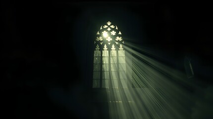 Sunlight rays through a gothic church window in a dark sacred space