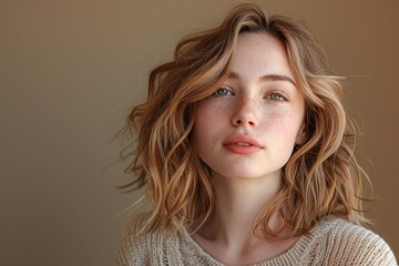 Naklejka premium Caucasian woman with soft wavy bob, gentle natural makeup, neutral background, warm lighting, relaxed expression, casual minimalist style, copy space for text