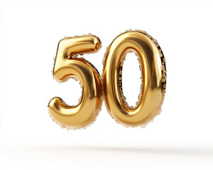 Large golden number fifty balloon featuring reflective metallic finish, symbolizing milestone anniversary and celebration