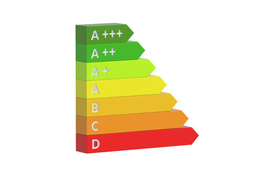 Energy efficiency rating chart isolated on white background. Electricity consumption scale. 3d render
